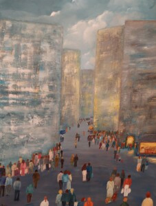 Gemälde mit Menschen in einer Stadt